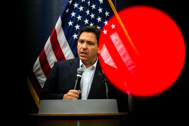 Florida Gov. Ron DeSantis speaks during an Iowa GOP reception, Saturday, May 13, 2023, at The Hotel at Kirkwood Center in Cedar Rapids, Iowa.