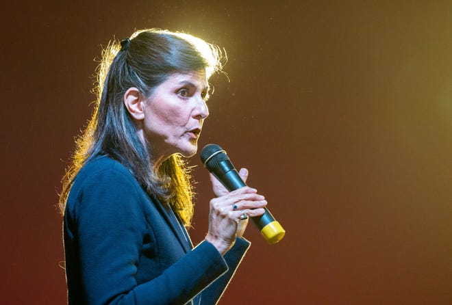 Republican presidential hopeful Nikki Haley speaks during a Republican Party of Iowa dinner in Fort Dodge, Tuesday, April 11, 2023.