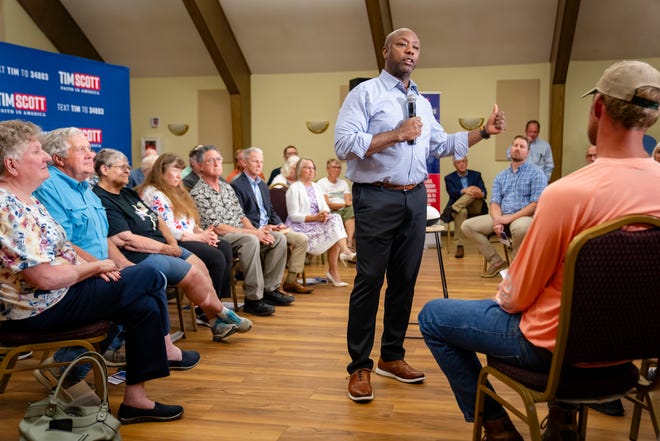 GOP presidential contender Sen. Tim Scott, R-S.C., speaks at the Iowa State University extension of Mahaska County in Oskaloosa, Thursday, Aug. 31, 2023.