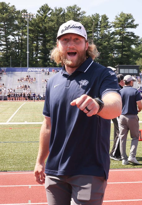 East Bridgewater's Casey DeAndrade, defensive backs/defensive pass game coordinator for University of New Hampshire, before their game versus Stonehill College on Saturday, Sept. 2, 2023.