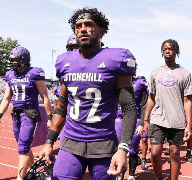 Brockton's Devin Fortes before his football game versus University of New Hampshire on Saturday, Sept. 2, 2023.