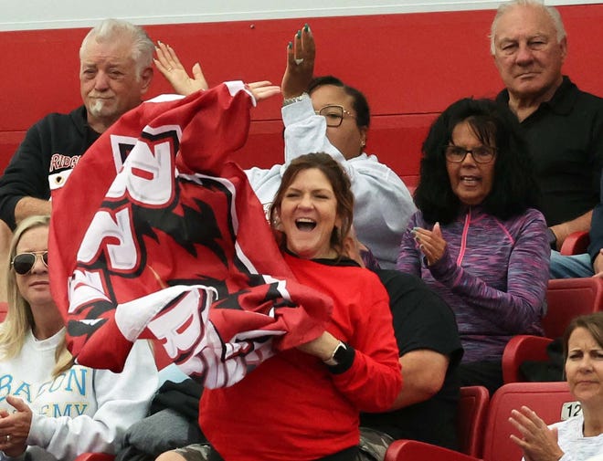 Bridgewater State University fans cheer after a second quarter touchdown catch during their game versus Plymouth State University on Saturday , Sept. 16, 2023.