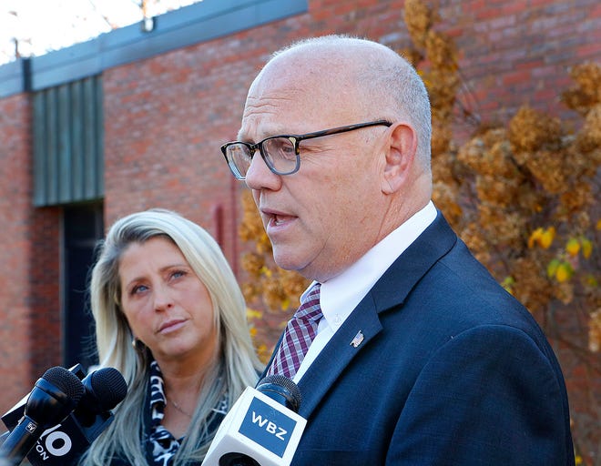 District Attorney Timothy Cruz speaks about the case outside the Hingham courthouse after Norwell pediatrician Dr. Richard Kauff was arraigned Monday Nov. 20, 2023, on charges of sexual assault as a result of complaints from former patients.