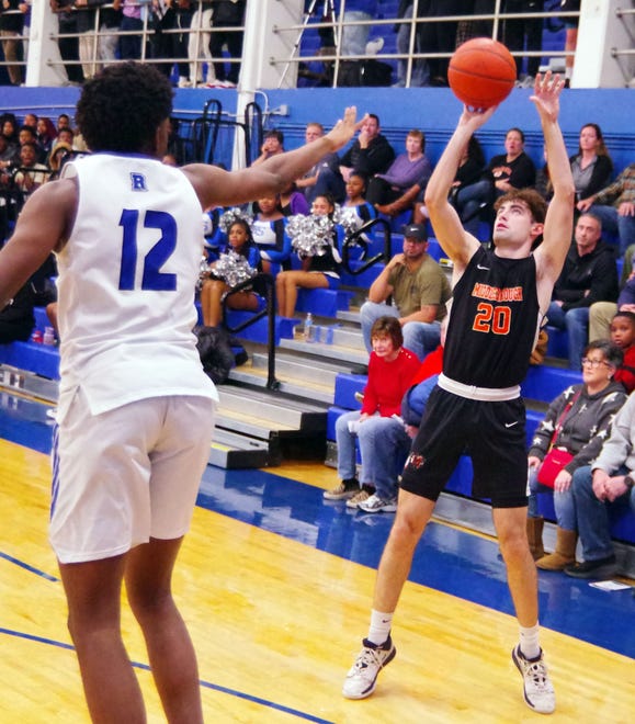 It was clear from the start Middleboro and Randolph were well matched, and every shot would count. Here Middleboro's Ryan Foster tries his hand as the 1st half began to draw to a close on Friday, Dec. 15, 2023.