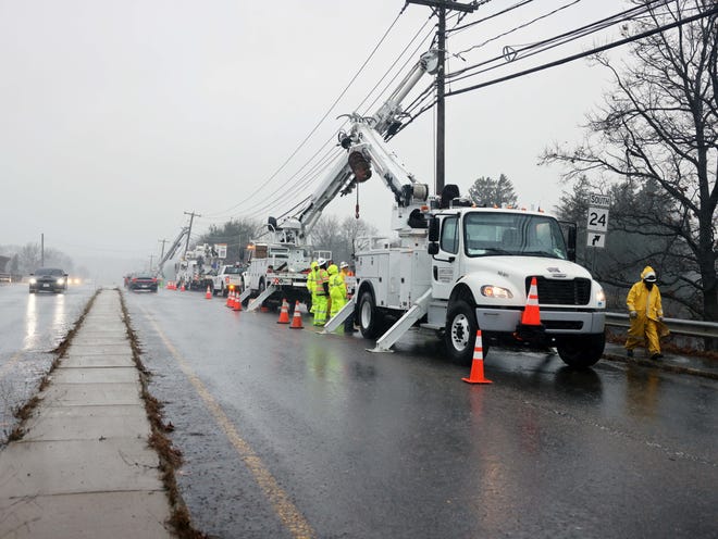 Wires were down on Route 123 (Belmont Street) at the Route 24 overpass during a storm on Monday, Dec. 18, 2023.