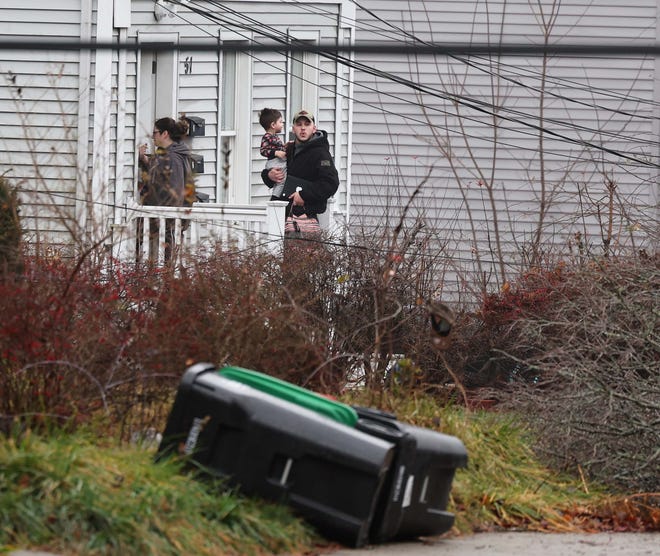 Utility poles and trees were down on Stetson and Pearl streets in Bridgewater during a storm on Monday, Dec. 18, 2023.