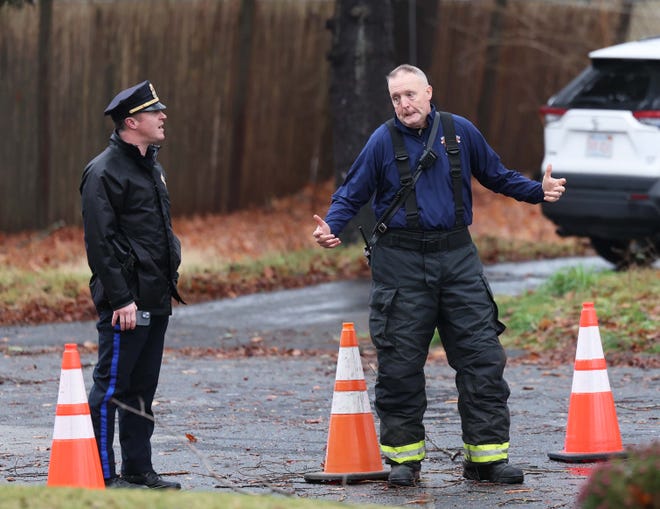 Utility poles and trees were down on Stetson and Pearl streets in Bridgewater during a storm on Monday, Dec. 18, 2023.