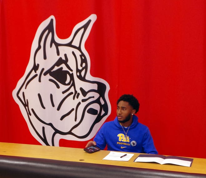 Cameron Monteiro, a 6-3 three-star receiver, gets set to sign his national letter of intent for Pitt football for the 2024 season at Brockton High School on Wednesday, Dec. 20, 2023.