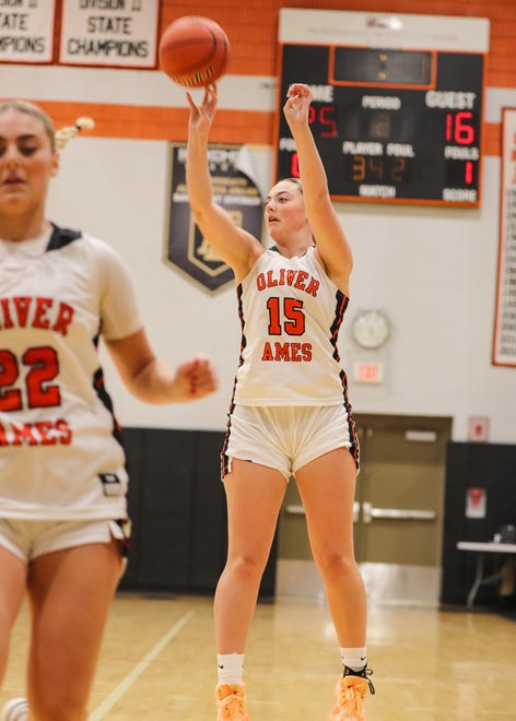 Oliver Ames' Kaydance Derba shoots a three-pointer during a game against Medfield at Oliver Ames High School on Friday, Dec. 29, 2023.