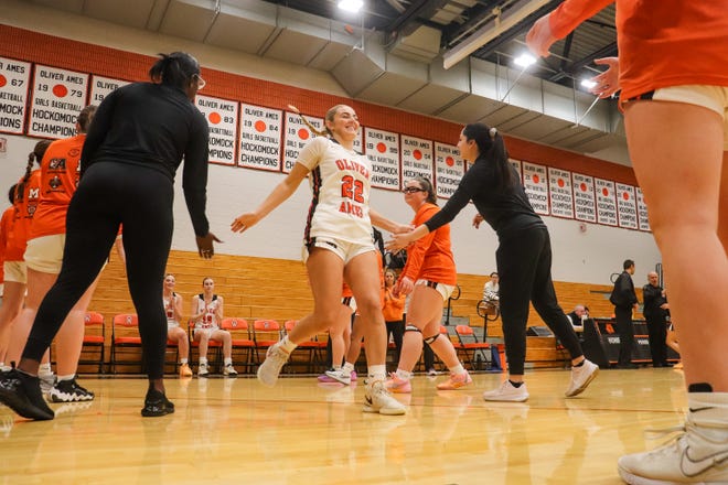 Oliver Ames' Kamryn Derba is introduced before a game against Medfield at Oliver Ames High School on Friday, Dec. 29, 2023.