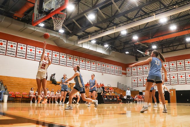 Oliver Ames' Kaydance Derba shoots a layup during a game against Medfield at Oliver Ames High School on Friday, Dec. 29, 2023.