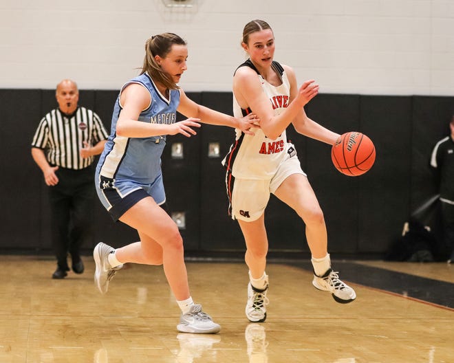 Oliver Ames' Sarah Hilliard dribbles up the court during a game against Medfield at Oliver Ames High School on Friday, Dec. 29, 2023.