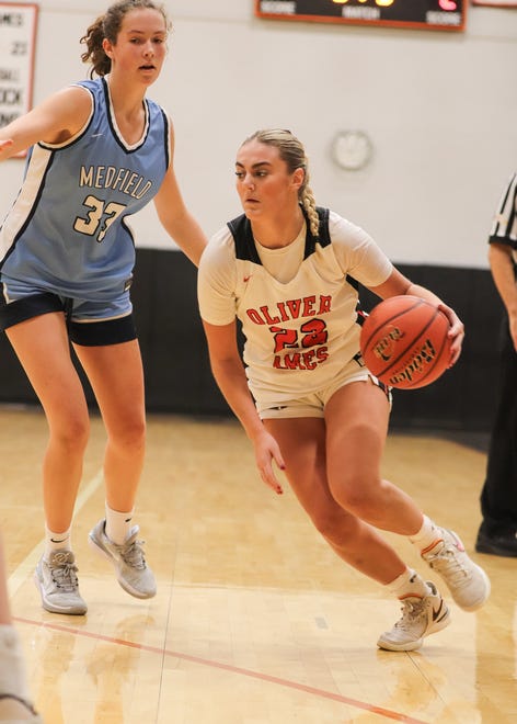 Oliver Ames' Kamryn Derba drives past Medfield's Izzy Kittredge during a game at Oliver Ames High School on Friday, Dec. 29, 2023.