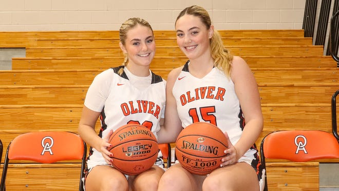 Oliver Ames' Kamryn, left, and Kaydance Derba after a game against Medfield at Oliver Ames High School on Friday, Dec. 29, 2023.