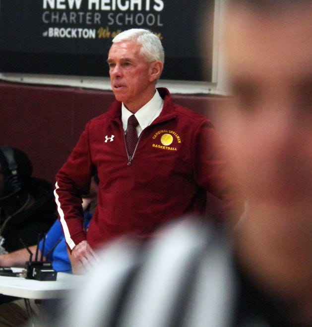 Cardinal Spellman coach Mike Perry looks on during a long night with his team playing New Heights in Brockton on Wednesday, Jan. 3, 2024, as New Heights seemed to have an answer for everything the Cardinals tried to do.