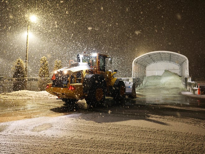 Brockton Department of Public Works prepares snow plows with salt and sand on Sunday, Jan. 7, 2024.