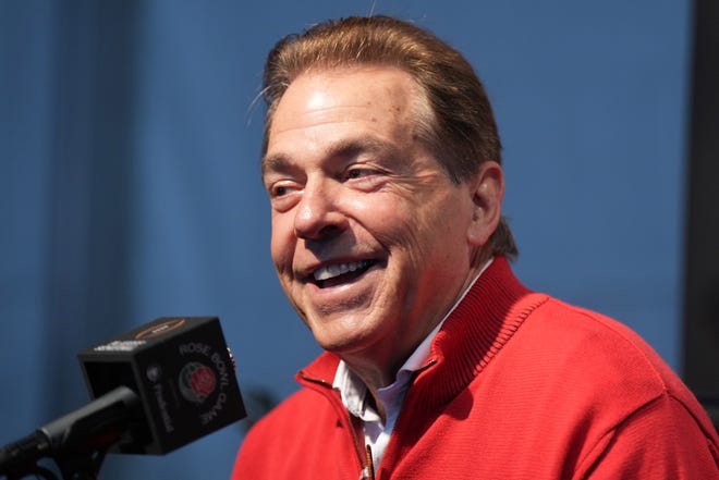 Dec 30, 2023; Pasadena, CA, USA; Alabama Crimson Tide head coach Nick Saban during Rose Bowl media day at Rose Bowl Stadium. Mandatory Credit: Kirby Lee-USA TODAY Sports