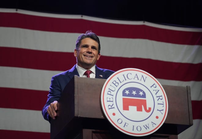 Republican presidential candidate hopeful Ryan Binkley speaks during the Lincoln Dinner on Friday, July 28, 2023, at the Iowa Events Center in Des Moines.