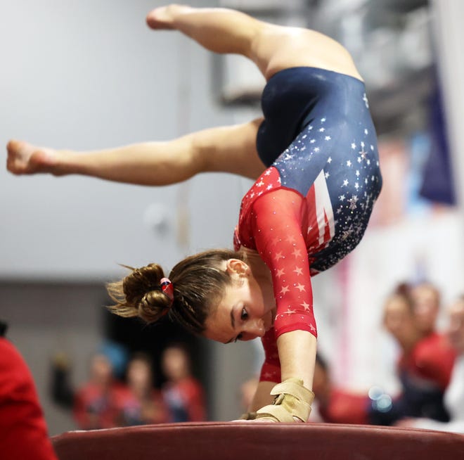 Bridgewater-Raynham/West Bridgewater's Lexi Fabrizio competes in the vault routine at Spectrum Gymnastics on Saturday, Jan. 13, 2024.
