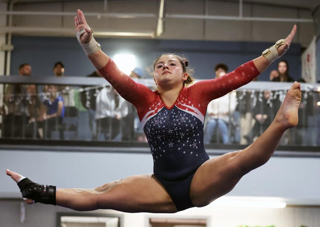 Bridgewater-Raynham/West Bridgewater competes in the floor routine at Spectrum Gymnastics on Saturday, Jan. 13, 2024.